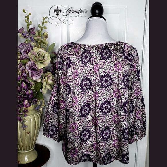 Gap Women Purple Medallion Print Keyhole Blouse Size Large - Picture 6 of 9